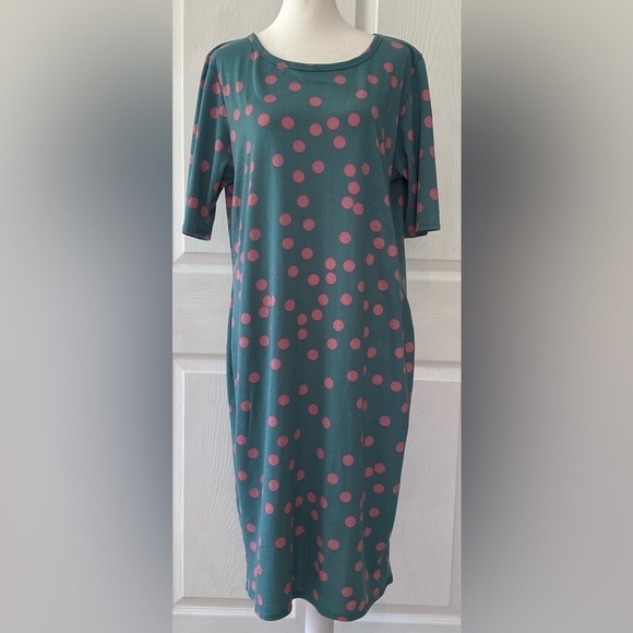 LulaRoe “Julia” Green & Pink Polka Dot Dress Size 2X - Picture 1 of 9